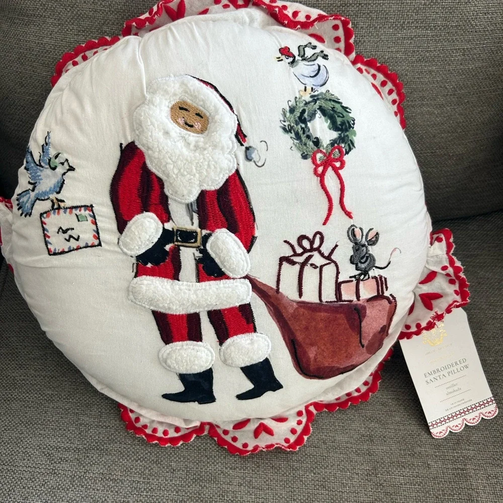 Pottery Barn Kids Riley Sheehey Embroidered Santa Pillow Christmas NWT